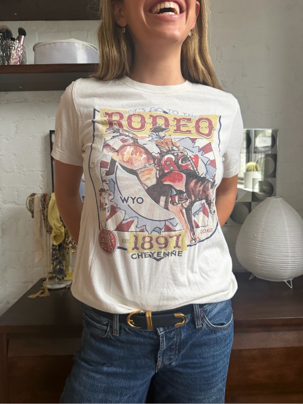 Vintage White Rodeo Graphic Tee with Red, Yellow and Blue Accents